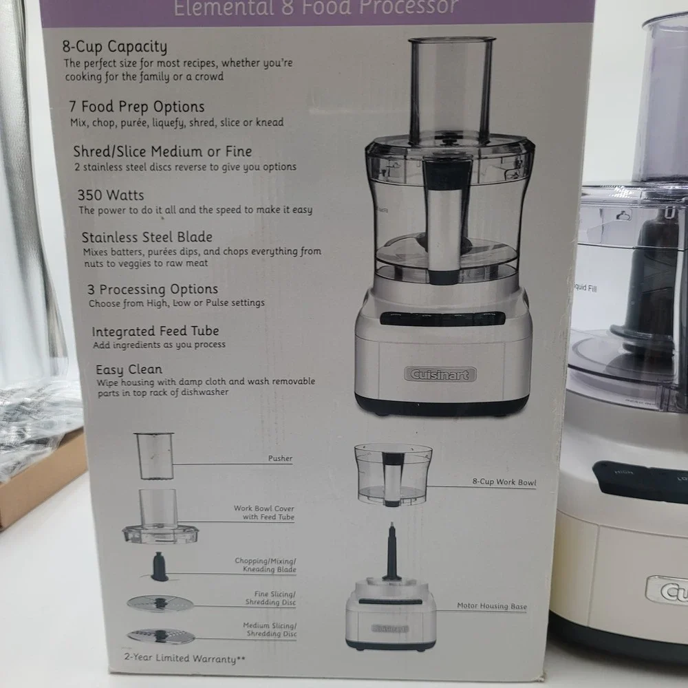 Cuisinart Elemental 8 Cup Food Processor White FP-8 350W with Accessories Box